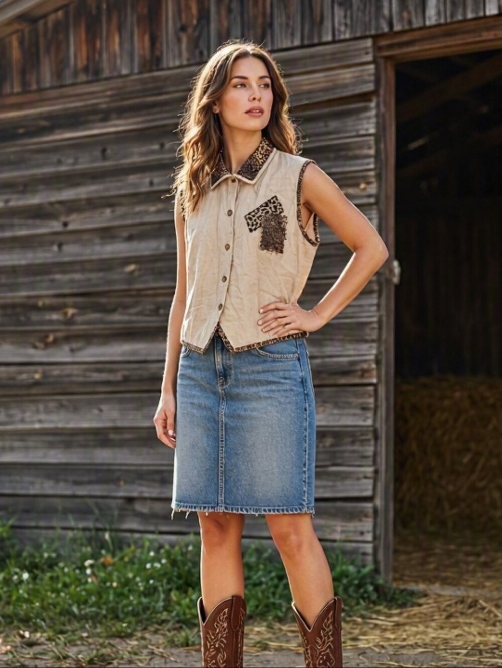Linen Blend Boho Tribal Beige Button-Down Vest w/Animal Print Accents L